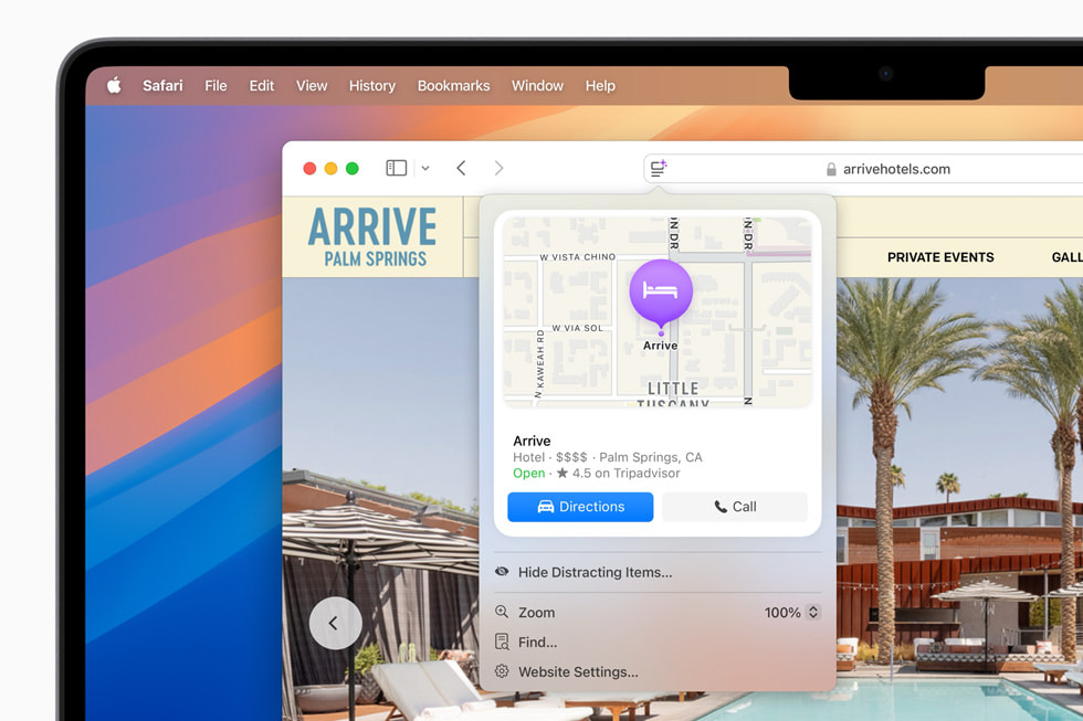 MacBook Pro’da bir otel için yol tarifi öne çıkarılıyor.