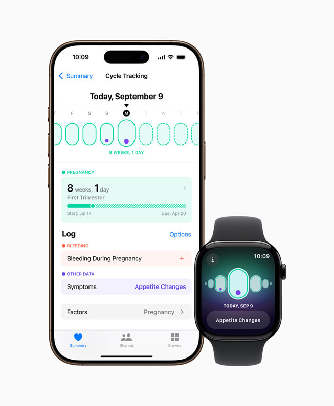 Apple Watch Series 10 ve iPhone 16 Pro'da Döngü İzleme uygulaması gösteriliyor.