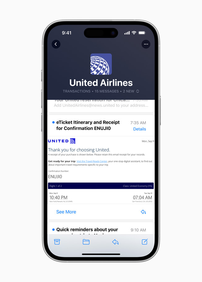 Ett Branded Mail-meddelande från United Airlines visas i en användares inkorg på en iPhone 16 Pro.