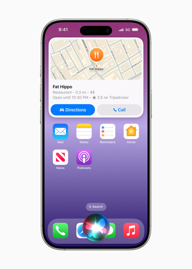 Ett företags platskort med åtgärdslänkar visas på en iPhone 16 Pro.