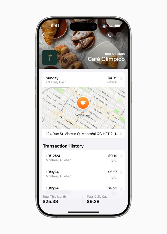 Ett företags platskort med ett Daily Cash-erbjudande visas i appen Plånbok på en iPhone 16 Pro.
