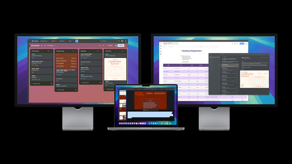14 inç MacBook Pro ve iki adet harici ekran.