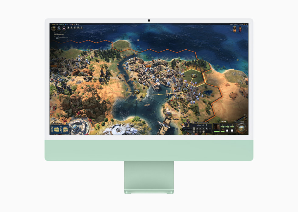 Yeşil bir iMac’te bir kullanıcı Civilization VII oynuyor.