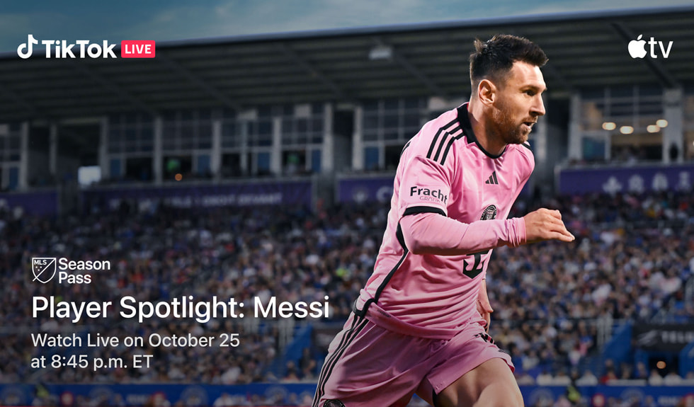I MLS Season Pass på Apple TV+ er Lionel Messi fra Inter Miami CF avbildet i en reklame for den kommende direktesendingen «Player Spotlight: Messi» på TikTok.