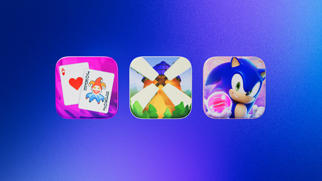 2024 Yılın Apple Arcade Oyunu finalistlerini temsil eden simgeler: Balatro+, Outlanders 2 ve Sonic Dream Team.