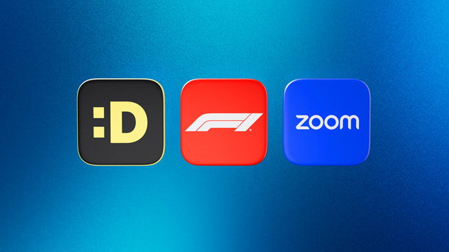 2024 Yılın Apple TV Uygulaması finalistlerini temsil eden simgeler: DROPOUT, F1 TV ve Zoom.