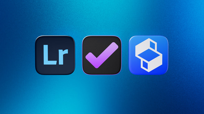 2024 Yılın Mac Uygulaması finalistlerini temsil eden simgeler: Adobe Lightroom, OmniFocus 4 ve Shapr3D.