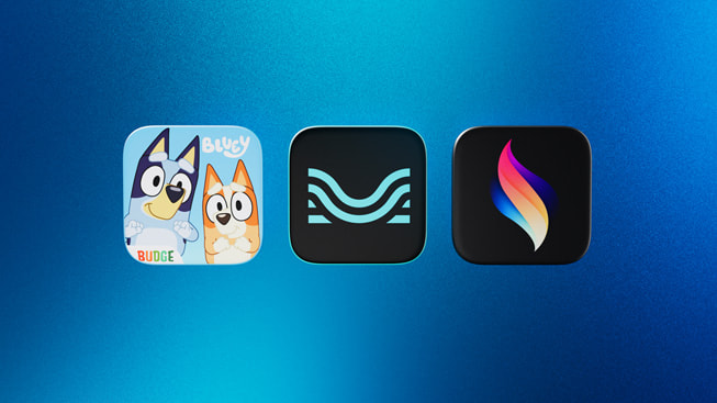 2024 Yılın iPad Uygulaması finalistlerini temsil eden simgeler: Bluey: Let’s Play, Moises ve Procreate Dreams.
