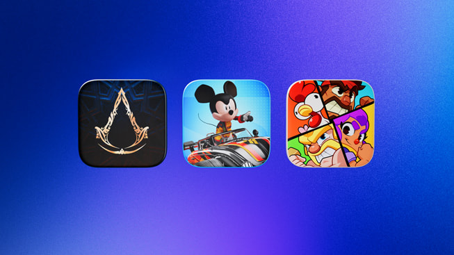 2024 Yılın iPad Oyunu finalistlerini temsil eden simgeler: Assassin’s Creed Mirage, Disney Speedstorm ve Squad Busters.