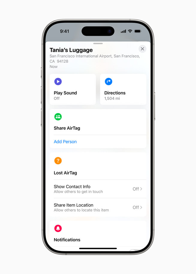 iPhone 16 Pro’daki Bul uygulaması menüsünde “Tania’nın Bagajı” etiketli bir AirTag’in konumunu paylaşma seçeneği görülüyor.