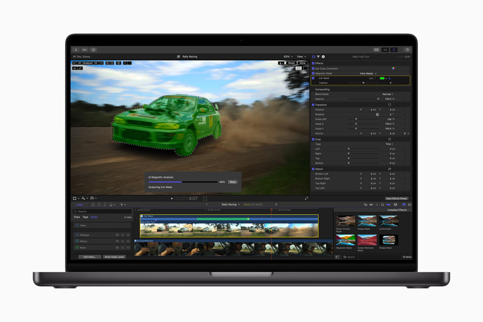 Final Cut Pro 11’in yeni özelliği Magnetic Mask, MacBook Pro’da gösteriliyor.