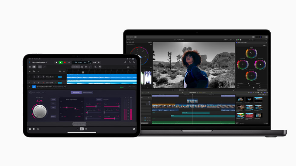 iPad Pro’da iPad için Final Cut Pro 2.1 ve MacBook Pro’da Final Cut Pro 11 gösteriliyor.