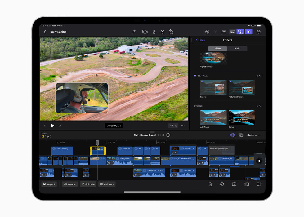 iPad Pro’da iPad için Final Cut Pro 2.1’deki yeni içerik arşivi gösteriliyor.
