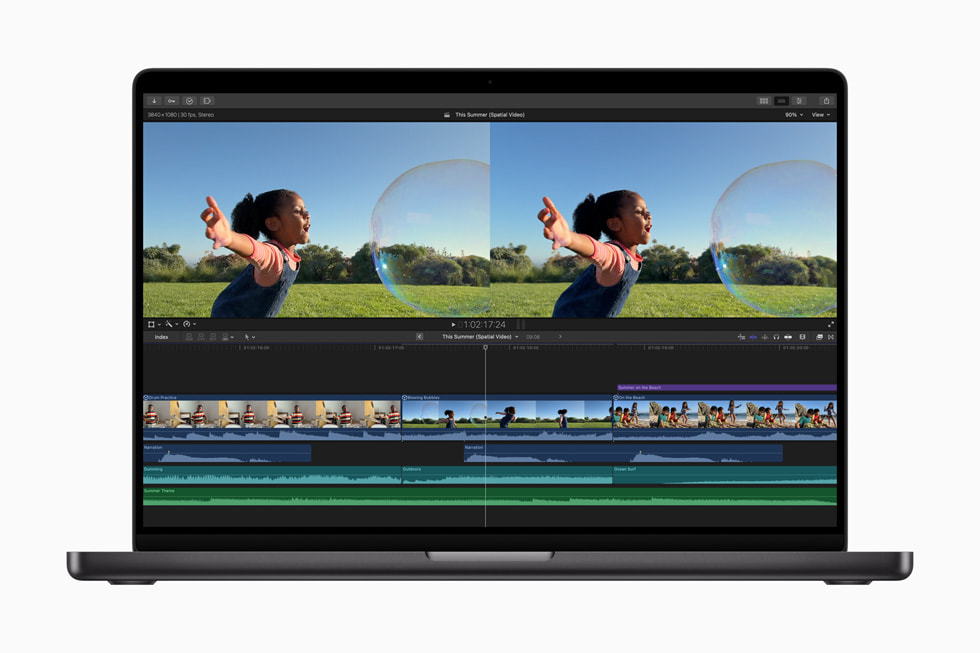 Final Cut Pro 11’in uzamsal video düzenleme özellikleri MacBook Pro’da gösteriliyor.