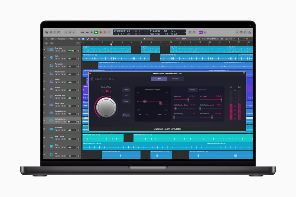 MacBook Pro’da Mac için Logic Pro’da Quantec Room Simulator eklentisi gösteriliyor.