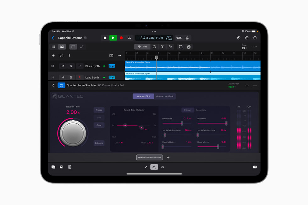 iPad Pro’da iPad için Logic Pro 2.1’deki Quantec Room Simulator eklentisi gösteriliyor.