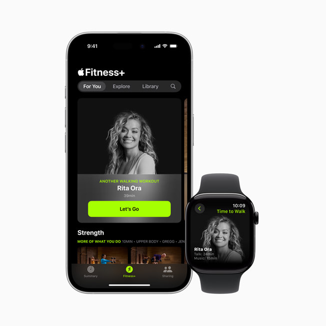 L’épisode Marchez de Rita Ora est affiché dans Apple Fitness+ sur un iPhone 16 et une Apple Watch.