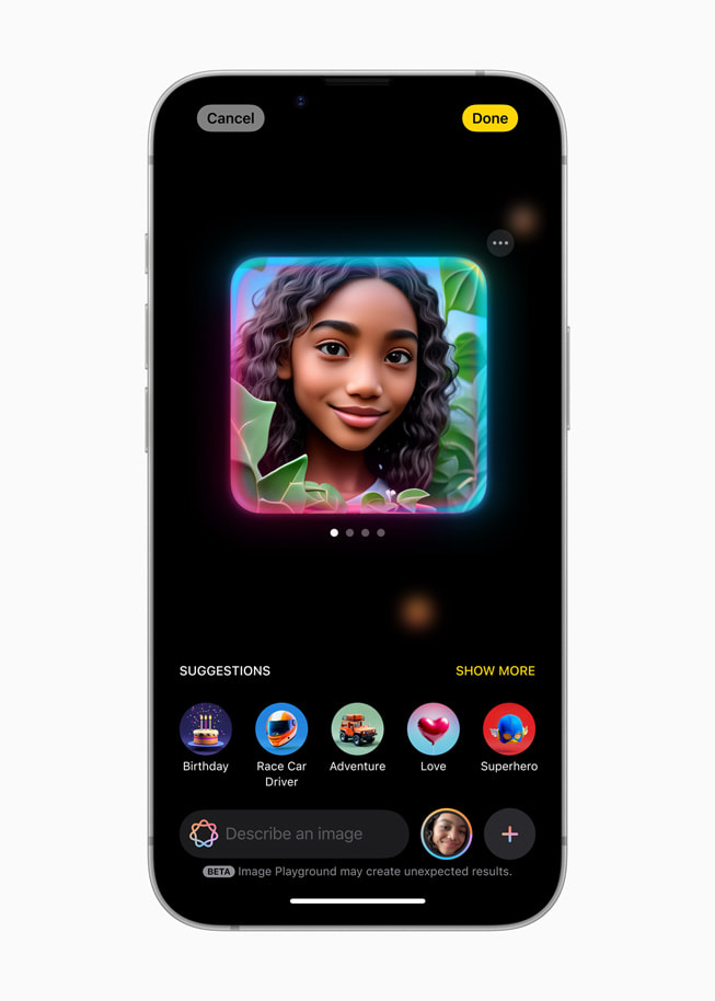 iPhone 16e’de Image Playground düzenleyicisi gösteriliyor.