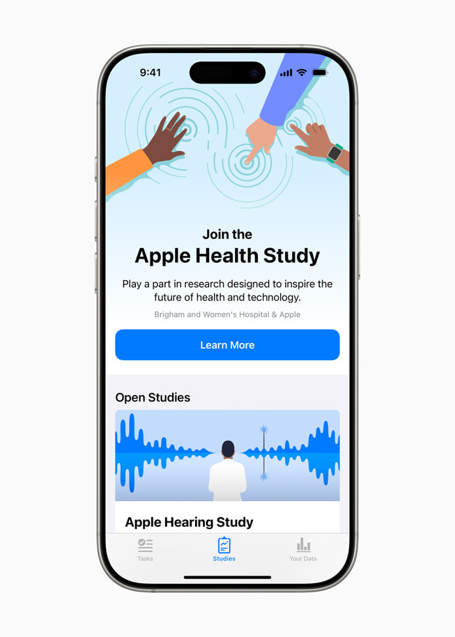 On iPhone 16 Pro, a screen in the Research app reads “Join the Apple Health Study” and features a button that says “Learn More.” 