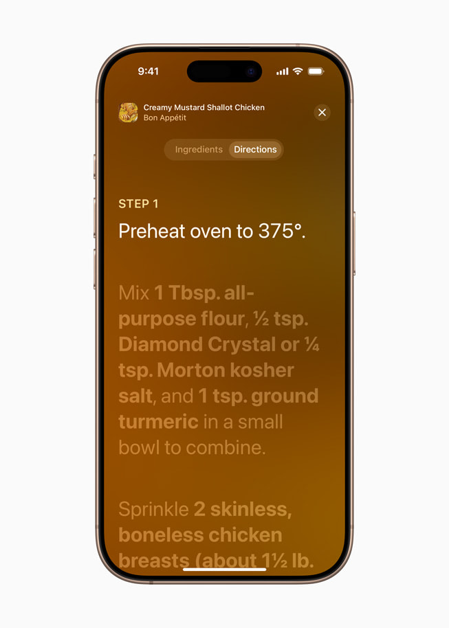 A recipe displayed in cook mode in the Apple News app.