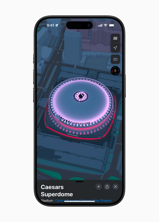 Landmärke i 3D för Caesars Superdome i New Orleans i appen Kartor på iPhone 16 Pro.