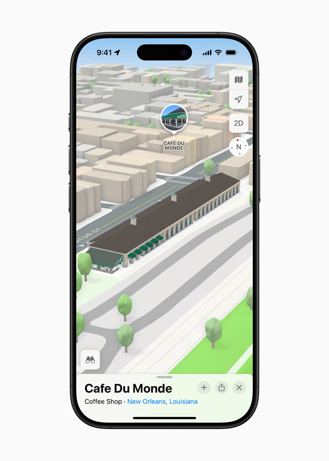 Landmärke i 3D för Cafe Du Monde i New Orleans i appen Kartor på iPhone 16 Pro.