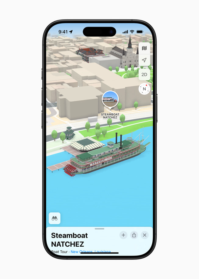 Landmärke i 3D för Steamboat NATCHEZ i New Orleans i appen Kartor på iPhone 16 Pro.