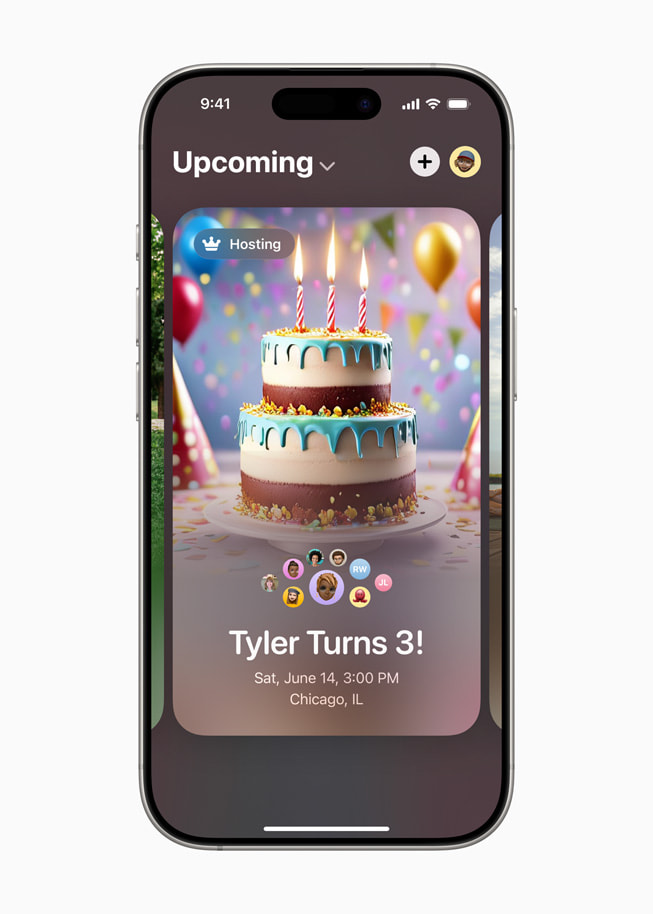 In Apple Invites on iPhone 16 Pro, an invitation for a child’s birthday party features an Image Playground-generated image of a birthday cake.
