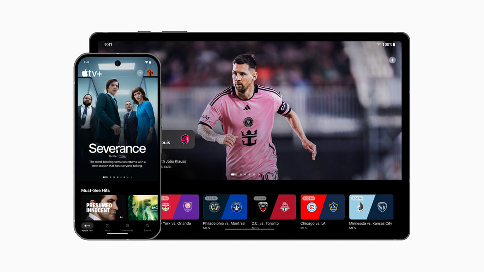 Bir telefonda ve bir tablette Android için Apple TV uygulaması gösteriliyor.