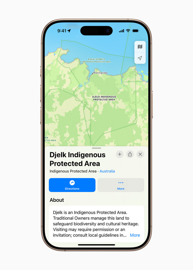 Apple Maps shows the place card for the Djelk Indigenous Protected Area in Australia.
