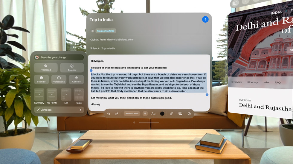 Writing Tools are shown on Apple Vision Pro.