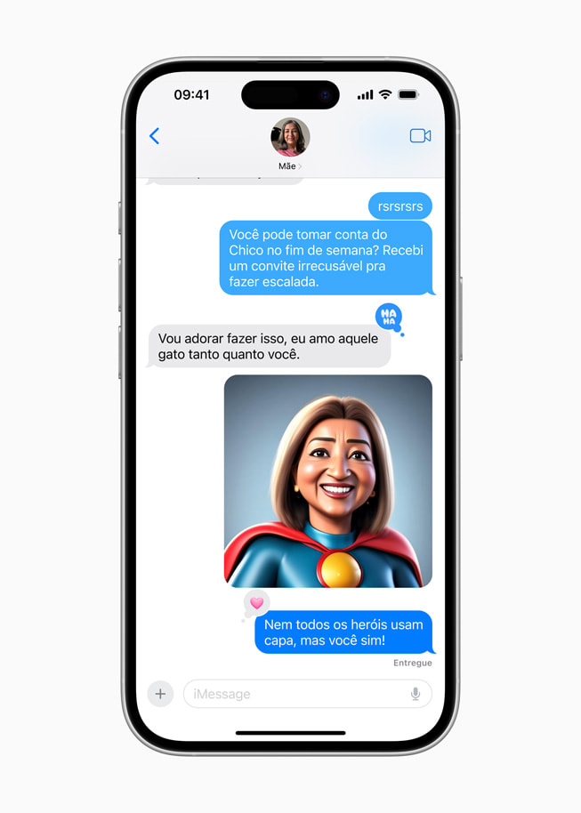 Uma criação do Image Playground no estilo Animação é mostrada no app Mensagens no iPhone 16.