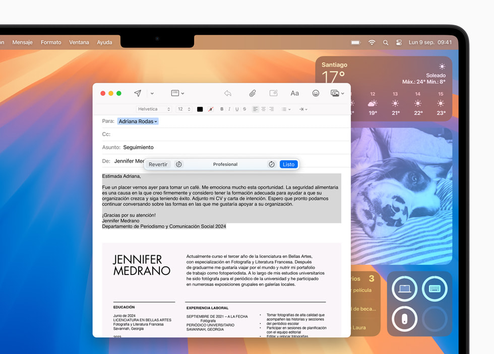 Se muestra la funcionalidad Herramientas de Escritura en Mail en una MacBook Pro.