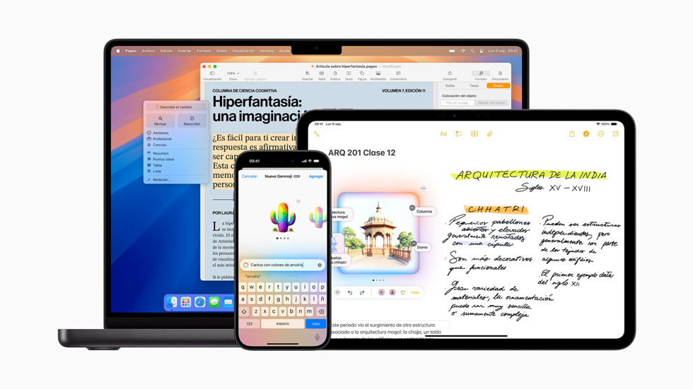 La funcionalidad Reescribir, Image Playground y creación de Genmojis se muestran en una MacBook Pro, un iPhone 16 y un iPad Pro.