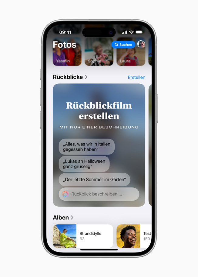 Rückblick mit der Aufforderung, einen Rückblickfilm ausschließlich mit einer Beschreibung zu erstellen, auf einem iPhone 16.

