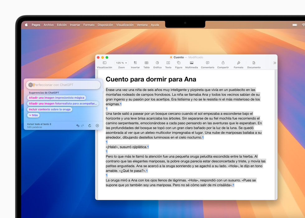 Herramientas de Escritura con la integración de ChatGPT en Pages en macOS Sequoia.