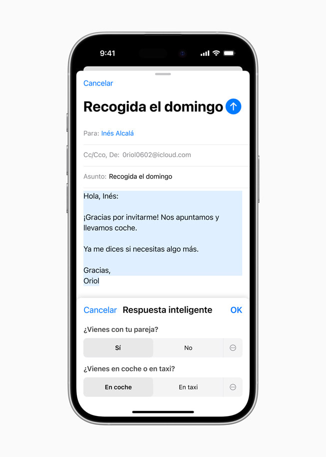 Un iPhone 16 muestra una pantalla de Respuesta Inteligente que pregunta al usuario si va a ir con su pareja y si usará su coche o cogerá un taxi.