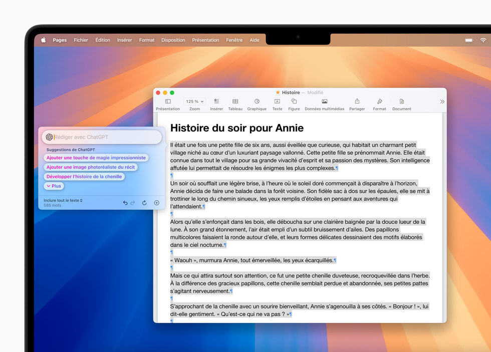 Les Outils d’écriture avec intégration de ChatGPT, affichés dans Pages sur macOS Sequoia.