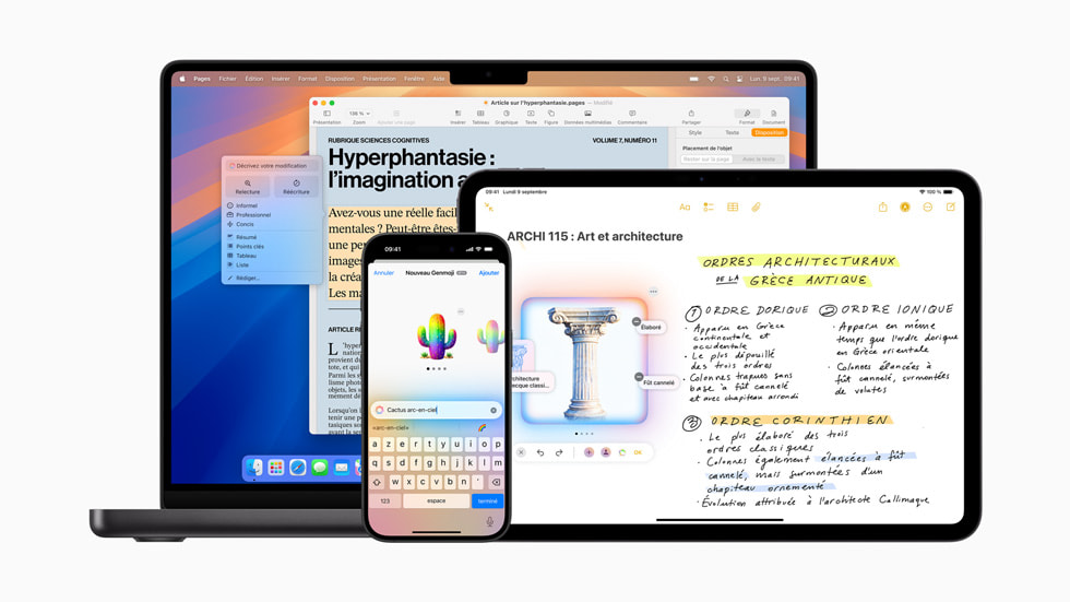 Réécriture, création de Genmoji et Image Playground présentés sur MacBook Pro, iPhone 16 et iPad Pro.