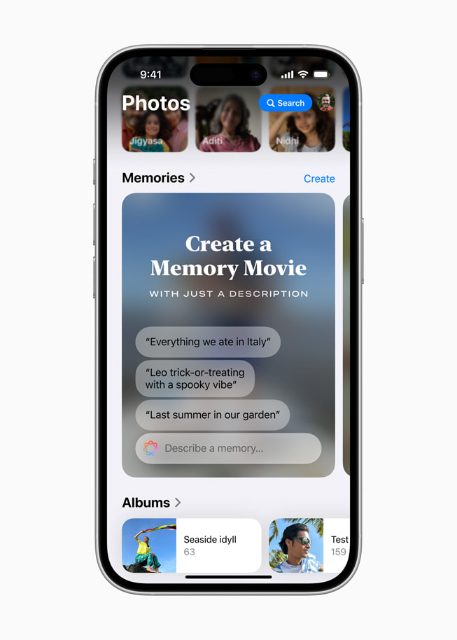 iPhone 16 shows a Memories screen with a prompt to create a memory movie with just a description.