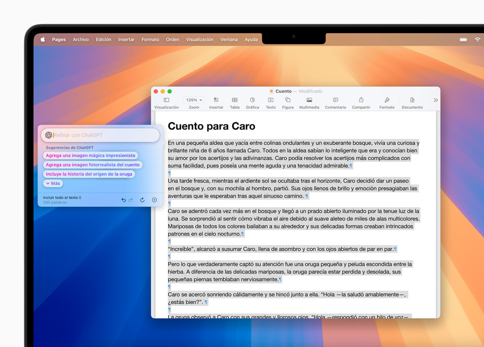 Se muestran las Herramientas de Escritura con la integración de ChatGPT en Pages en macOS Sequoia.