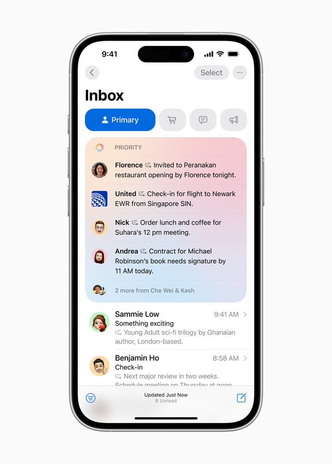 iPhone 16 shows a Priority Messages screen with a list of important emails.