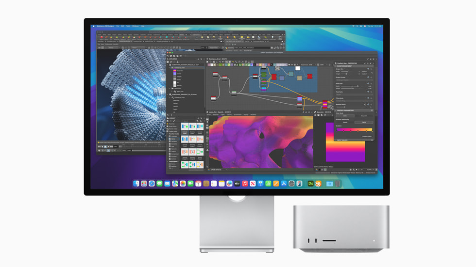 Mac Studio ve yanında ekranında bir Adobe Substance projesi açık olan Studio Display.
