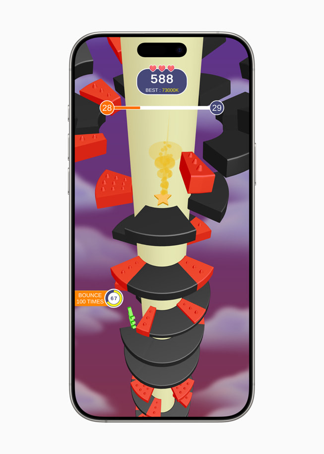 Image du jeu Helix Jump+ de Voodoo et Orbital Knight affichée sur un iPhone 16 Pro Max.