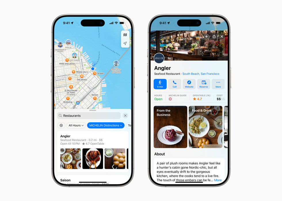 Two Apple Maps screens, both displayed on iPhone 16 Pro, feature a search for restaurants with MICHELIN Guide distinctions, and information on a selected restaurant.  