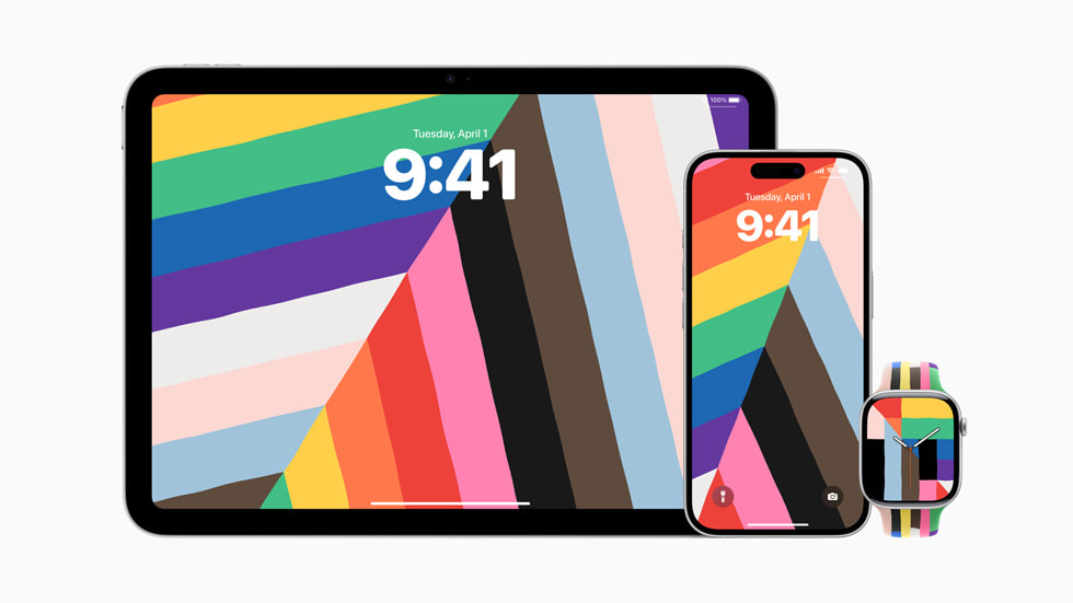 Pride Harmony duvar kağıdı iPad, iPhone 16 Pro ve Apple Watch üzerinde gösteriliyor.