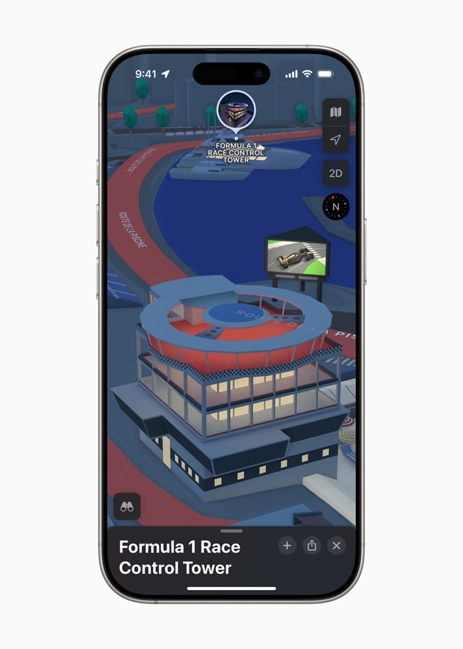 Sur un iPhone 16 Pro, Apple Plans affiche la tour de contrôle du circuit de Formule 1.