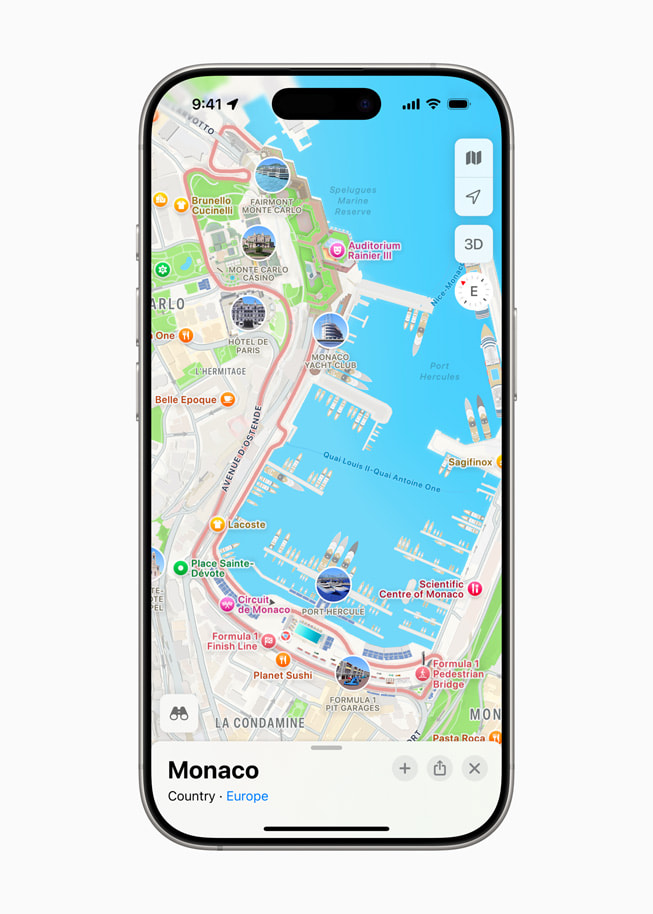Sur un iPhone 16 Pro, Apple Plans affiche le tracé du 
circuit du Grand Prix de Monaco.