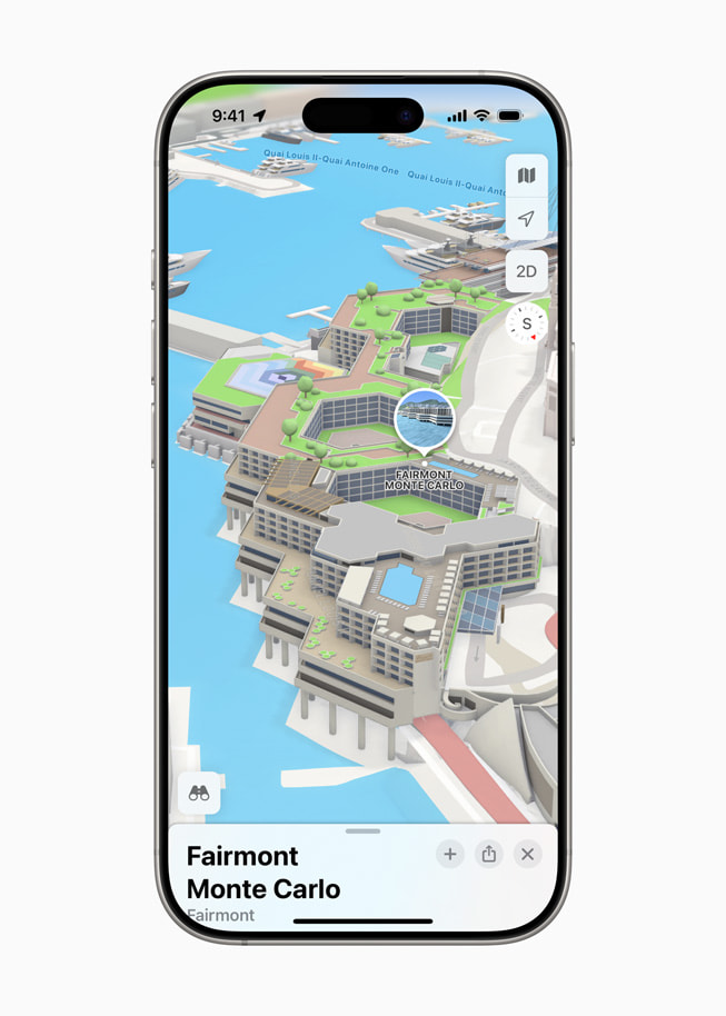 Sur un iPhone 16 Pro, Apple Plans affiche un point de repère en 3D du 
Fairmont Monte Carlo.