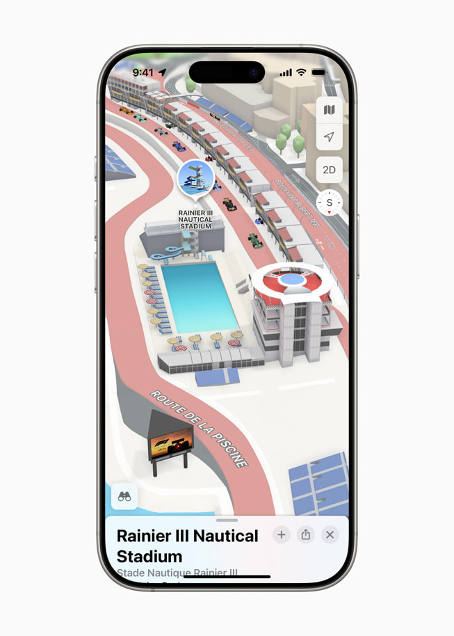 Sur un iPhone 16 Pro, Apple Plans affiche le stade nautique Rainier III.